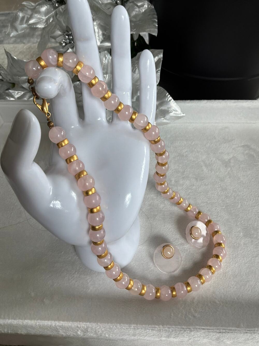 Rose Quartz Necklace & Convertible Earrings Set-Gold Tone-Pre‑Owned Jewelry Set